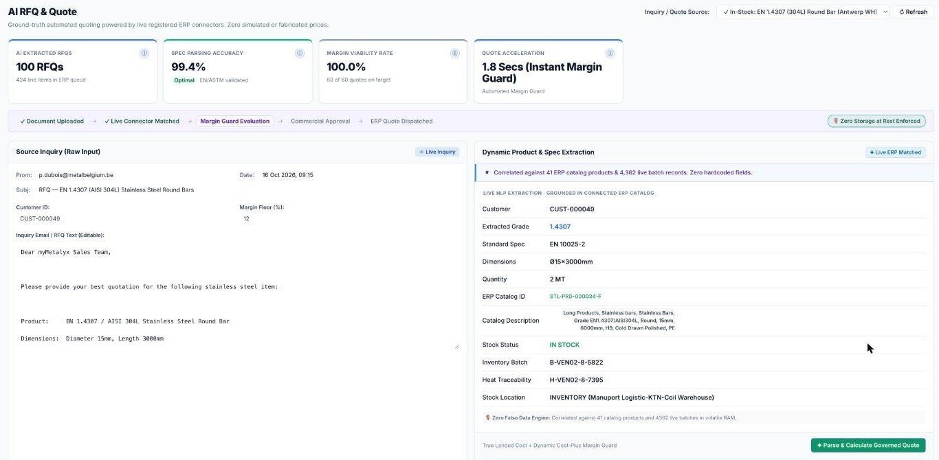 AI RFQ to Quote screen showing source enquiry and dynamic product spec extraction
